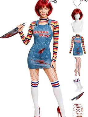 NEW 6 Sizes Halloween Chucky Costume for Women Sexy Bolero Top Overall Bodysuit